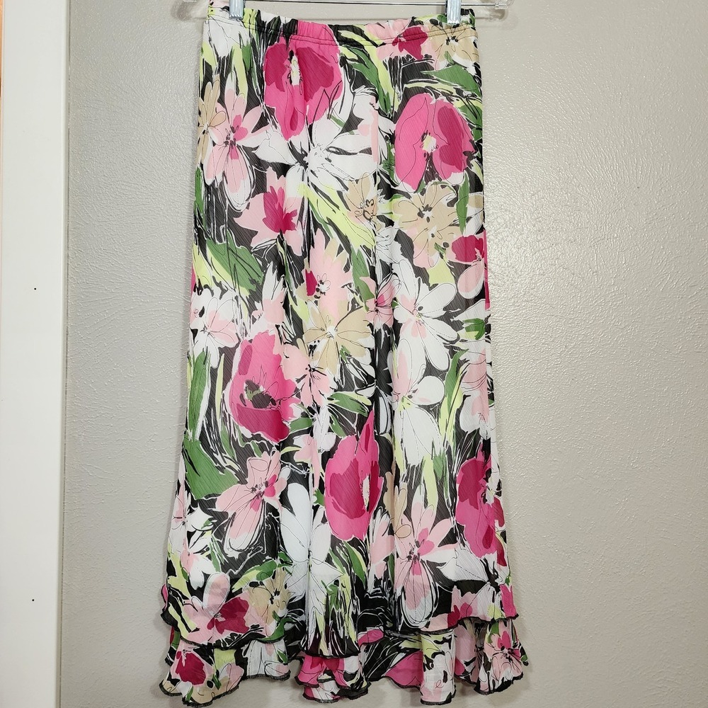 Briggs New York Skirt Petite Medium Floral Pink Black White Long Layered Ruffle - Picture 2 of 8